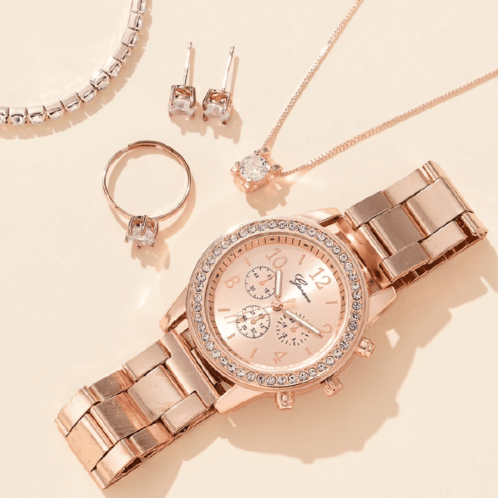 Women's Watch Jewelry 6-Piece Set Rose Gold Quartz Watch Bracelet Necklace Ring Earrings Rhinestone