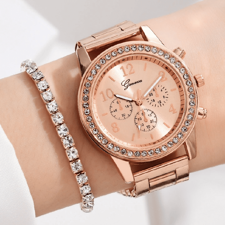 Women's Watch Jewelry 6-Piece Set Rose Gold Quartz Watch Bracelet Necklace Ring Earrings Rhinestone