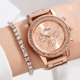 Women's Watch Jewelry 6-Piece Set Rose Gold Quartz Watch Bracelet Necklace Ring Earrings Rhinestone