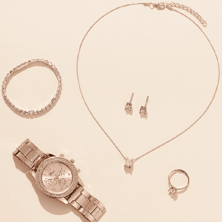Women's Watch Jewelry 6-Piece Set Rose Gold Quartz Watch Bracelet Necklace Ring Earrings Rhinestone