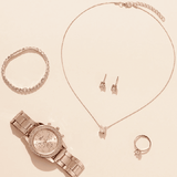 Women's Watch Jewelry 6-Piece Set Rose Gold Quartz Watch Bracelet Necklace Ring Earrings Rhinestone