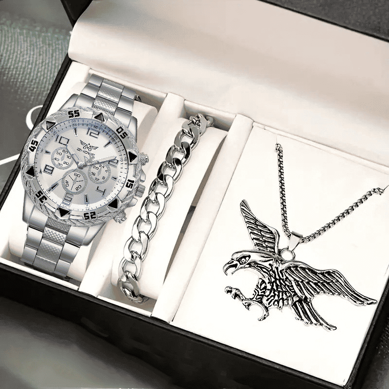 Men's Quartz Stainless Steel Watch Set: Large Dial, Bracelet, Necklace Gift