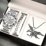 Men's Quartz Stainless Steel Watch Set: Large Dial, Bracelet, Necklace Gift