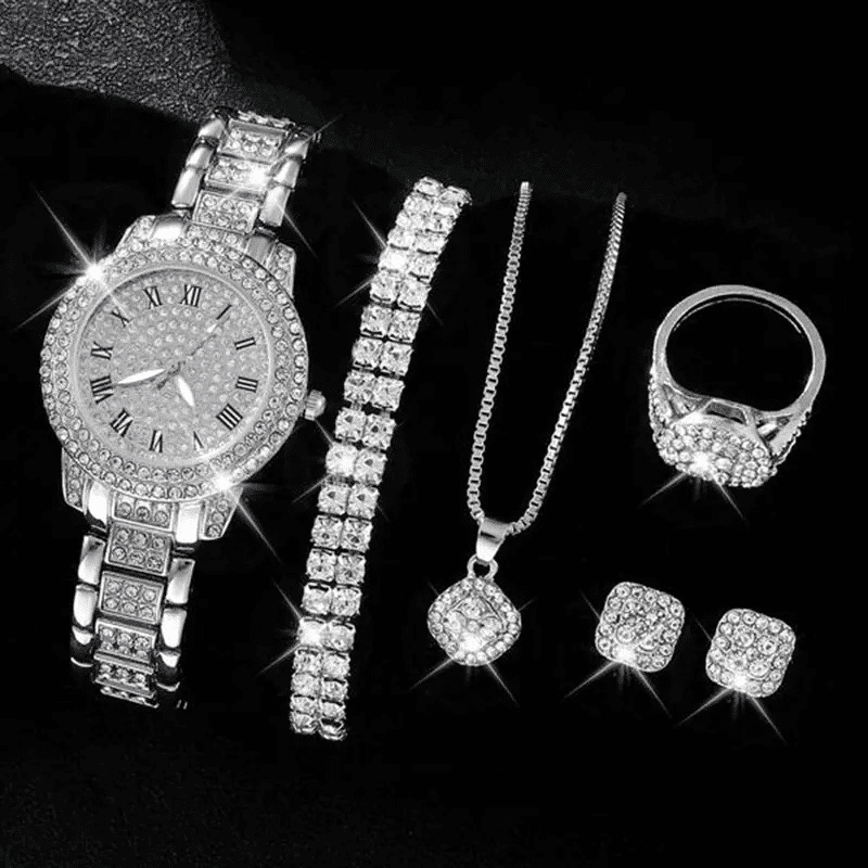 Generic Women's Diamond Fashion Wristwatch 6-Piece Jewelry Set