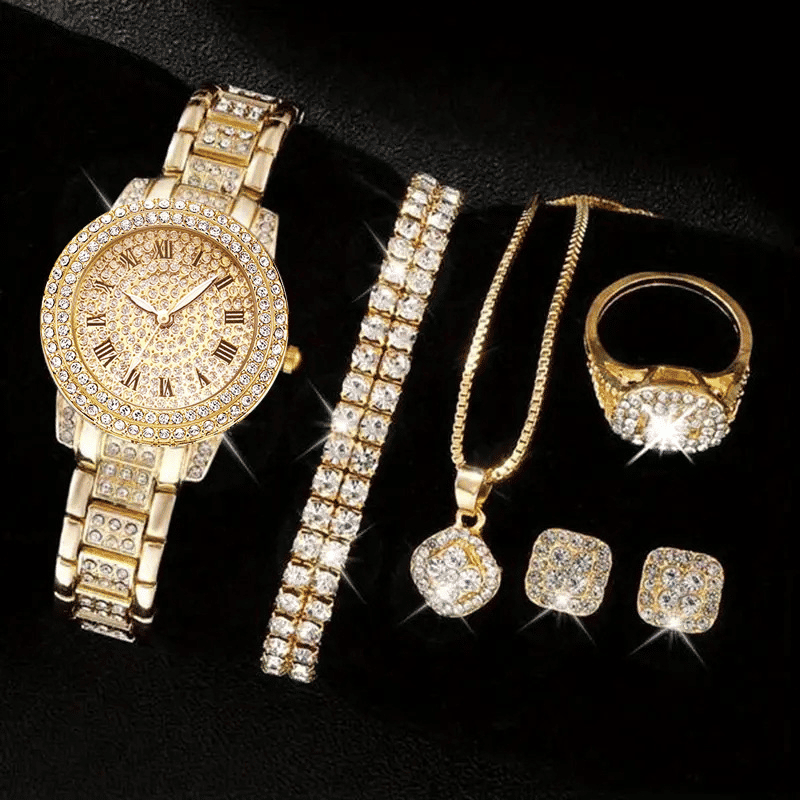 Generic Women's Diamond Fashion Wristwatch 6-Piece Jewelry Set