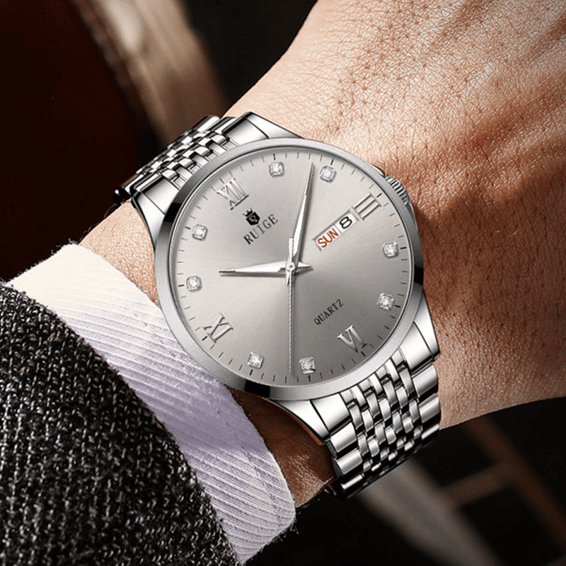 Luxury Men's Stainless Steel Dual Calendar Quartz Business Watch