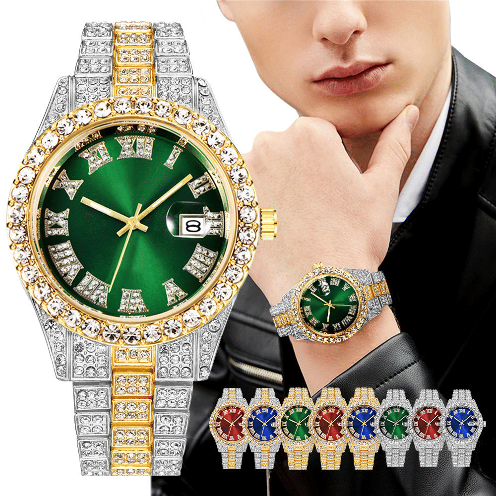 JC Luxury Men's Iced Out Hip Hop Quartz Watch Roman Scale