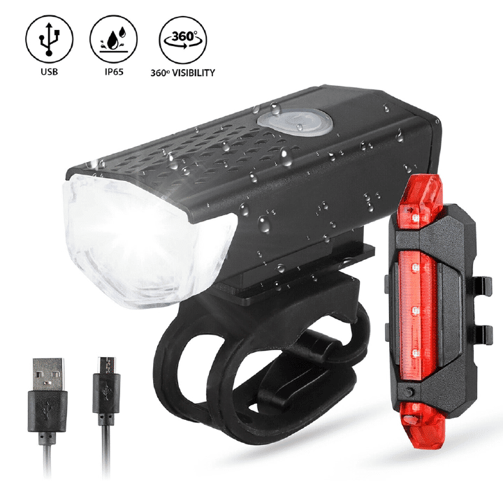 USB Rechargeable LED Bike Light Set 2-in-1 Front Rear Headlight Flashlight for Cycling