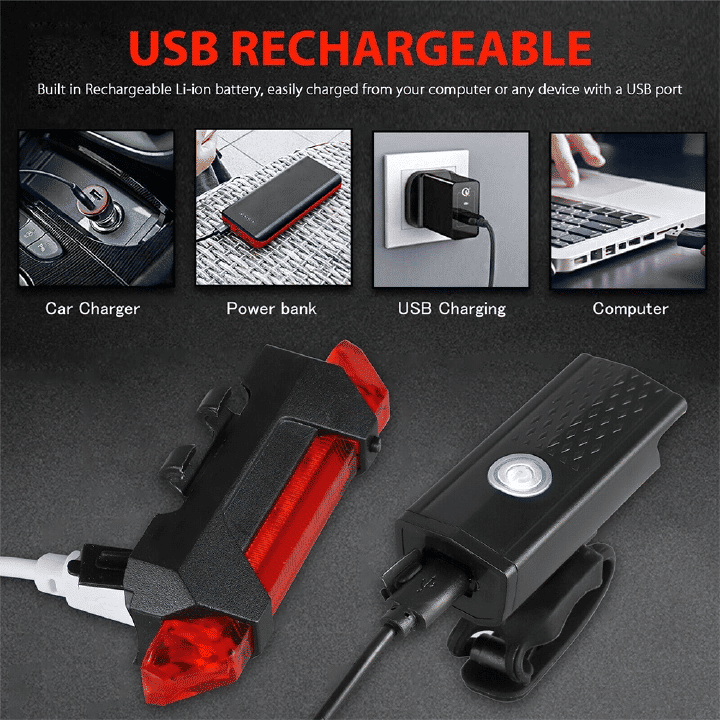USB Rechargeable LED Bike Light Set 2-in-1 Front Rear Headlight Flashlight for Cycling