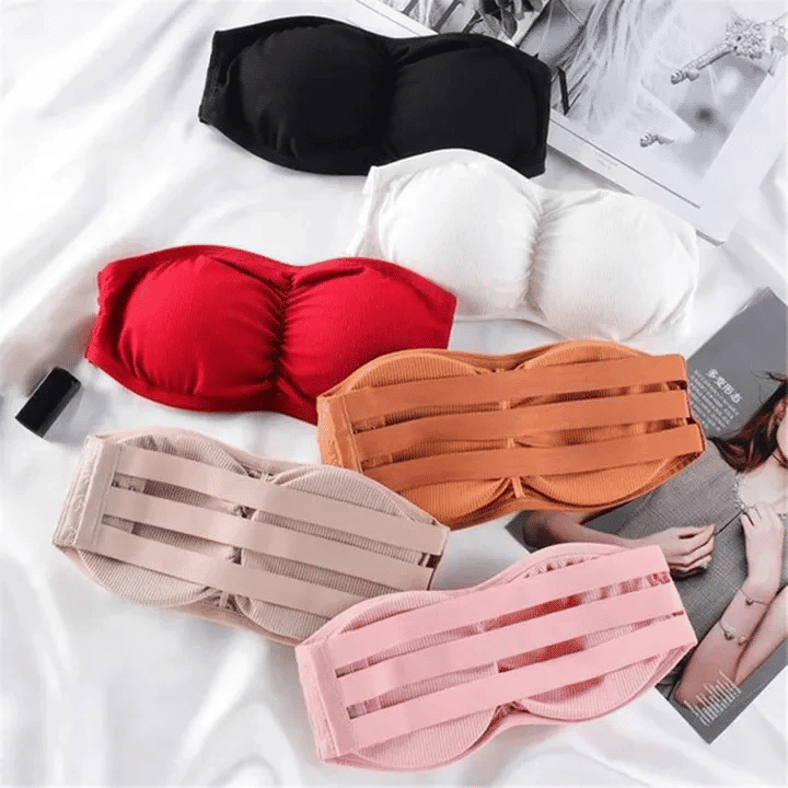 Women's Strapless Ruched Push-Up Bra: Padded, Backless, Wireless Bralette Lingerie