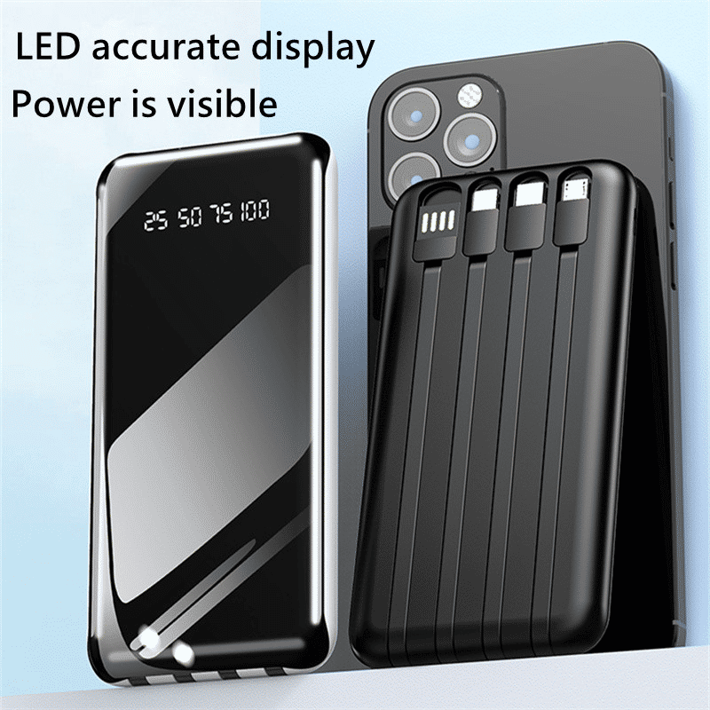 10000mAh Portable Power Bank | Built-in 4 Cables, LED Display, USB-C for All Devices