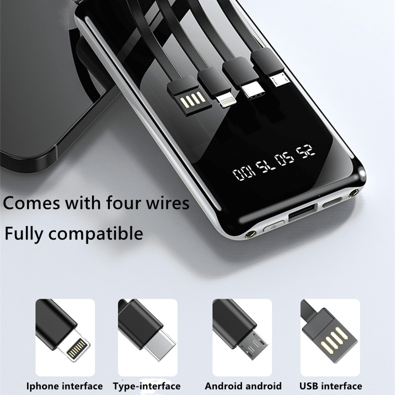 10000mAh Portable Power Bank | Built-in 4 Cables, LED Display, USB-C for All Devices