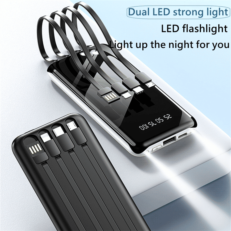10000mAh Portable Power Bank | Built-in 4 Cables, LED Display, USB-C for All Devices