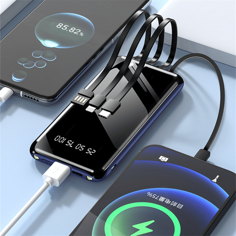 10000mAh Portable Power Bank | Built-in 4 Cables, LED Display, USB-C for All Devices