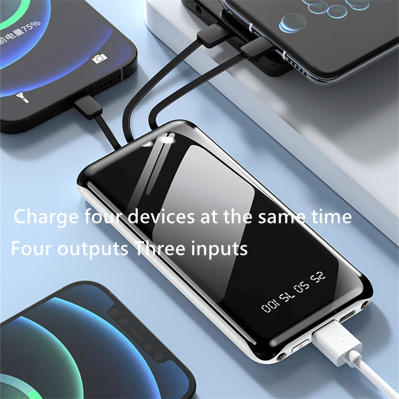 10000mAh Portable Power Bank | Built-in 4 Cables, LED Display, USB-C for All Devices