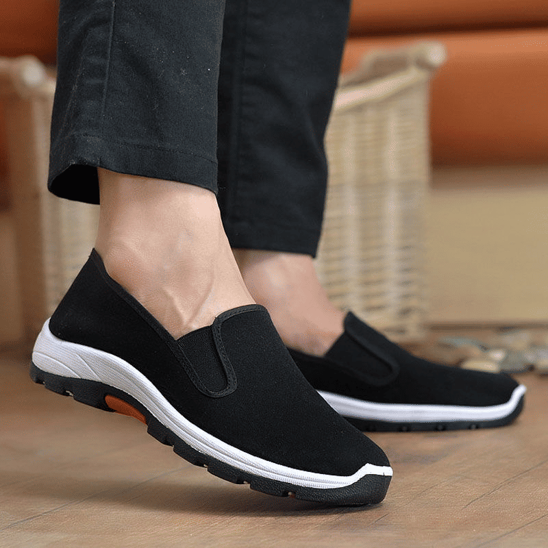 Men's Classic Black Laceless Canvas Loafers - Comfortable Rubber Flat Casual Shoes
