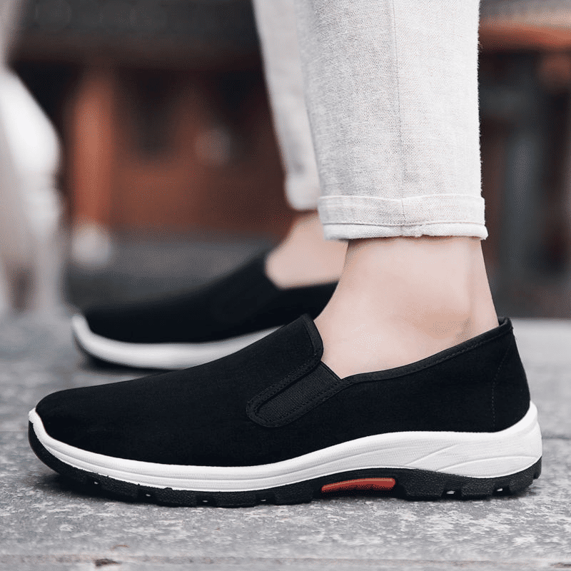 Men's Classic Black Laceless Canvas Loafers - Comfortable Rubber Flat Casual Shoes