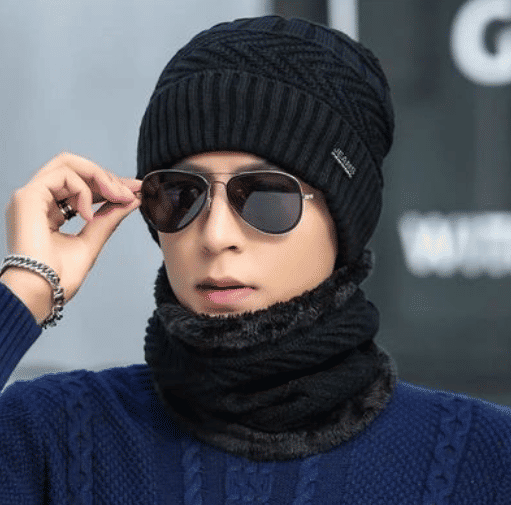 Men's Warm Knitted Wool Hat and Scarf Set - Ear Protection, Cold Proof