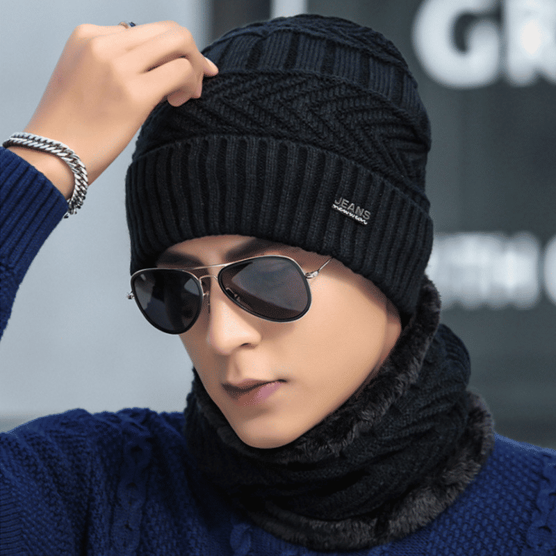 Men's Warm Knitted Wool Hat and Scarf Set - Ear Protection, Cold Proof