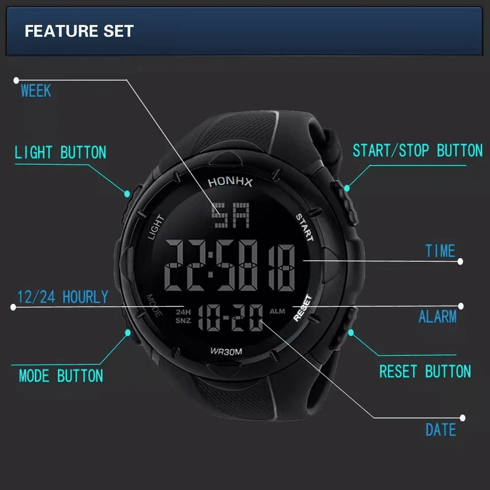 Men's Military Sports Watch Analog Digital LED Waterproof Rubber Strap Black