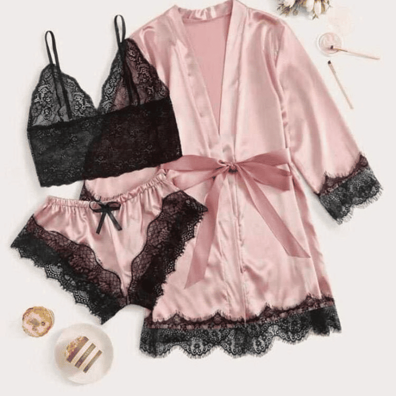 Soft Satin Lace 4-Piece Women's Long Sleeve Pajama Set