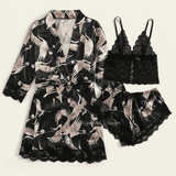 Soft Satin Lace 4-Piece Women's Long Sleeve Pajama Set