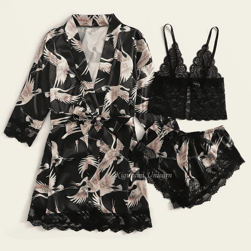 Soft Satin Lace 4-Piece Women's Long Sleeve Pajama Set