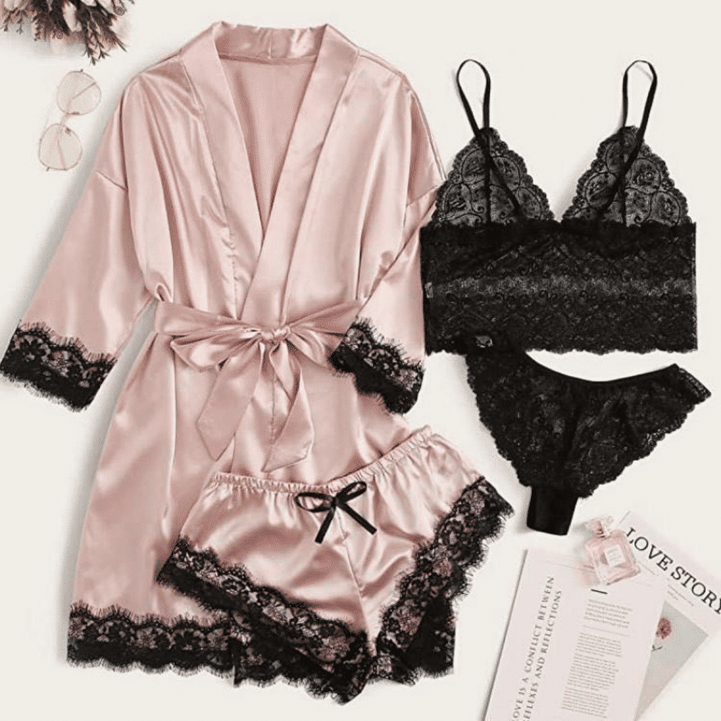 Soft Satin Lace 4-Piece Women's Long Sleeve Pajama Set