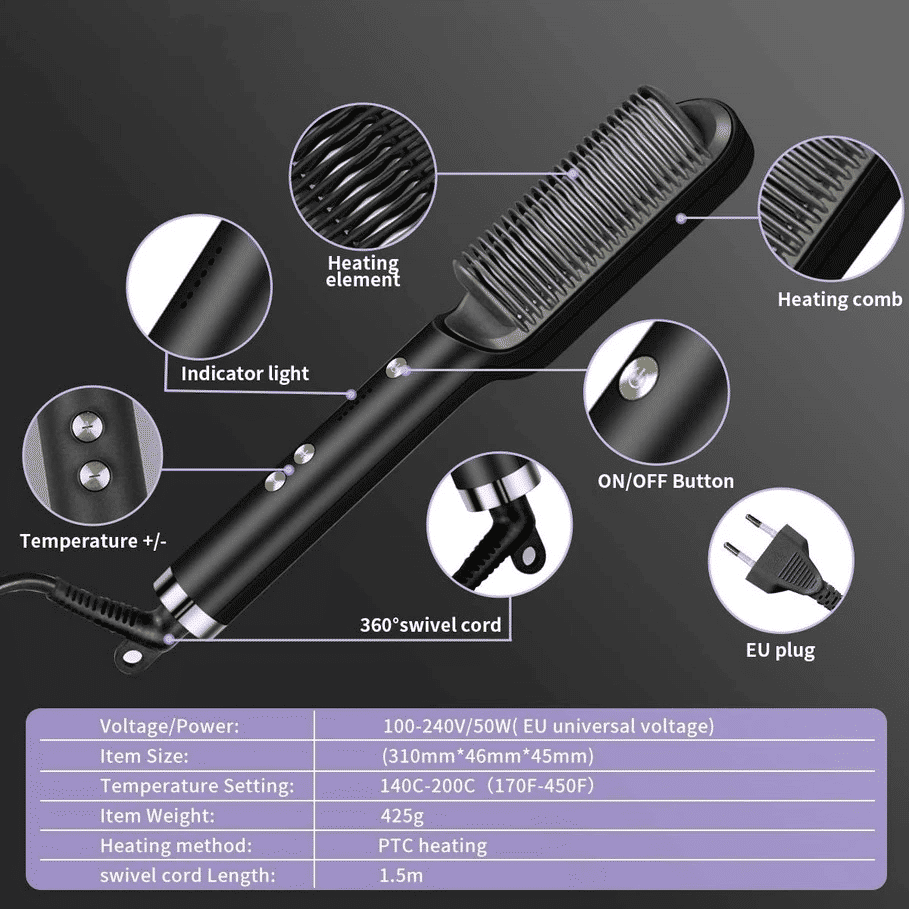 2-in-1 Electric Hair Straightener Hot Comb Brush Dual-Use Styling Rod