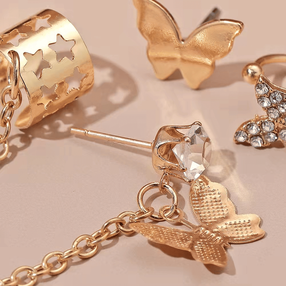 WOW Jewelry 5-Piece Butterfly Tassel Earring Set - Golden Needle Electroplated Clip