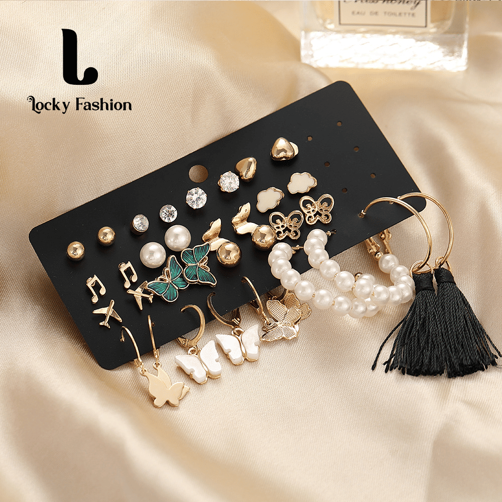 34-Piece WOW Fashion Gold Earrings Set for Women & Girls - 17 Pairs Trendy
