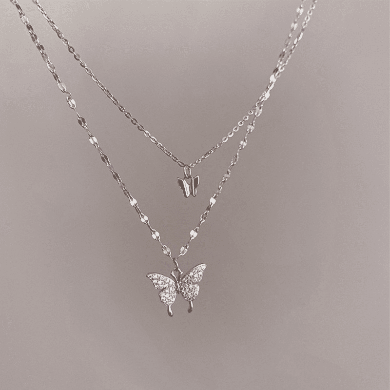 Elegant Butterfly Double-Layer Silver Necklace for Women - Fashion Accessory Gift