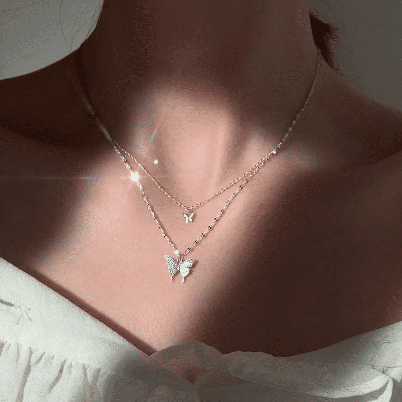 Elegant Butterfly Double-Layer Silver Necklace for Women - Fashion Accessory Gift