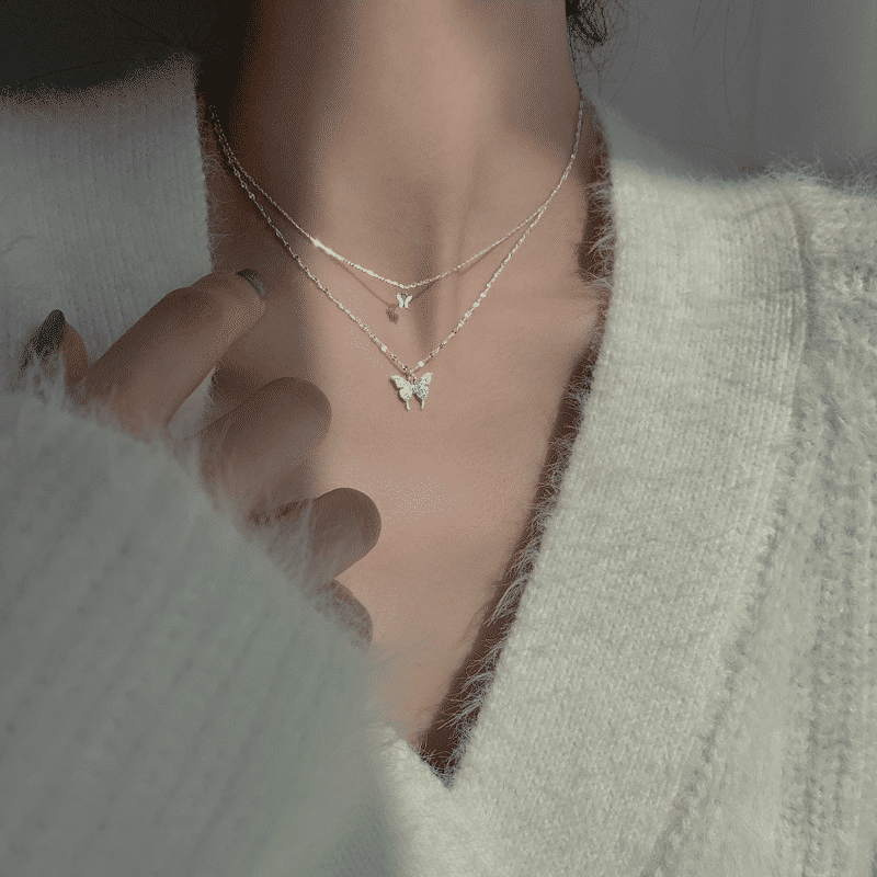 Elegant Butterfly Double-Layer Silver Necklace for Women - Fashion Accessory Gift