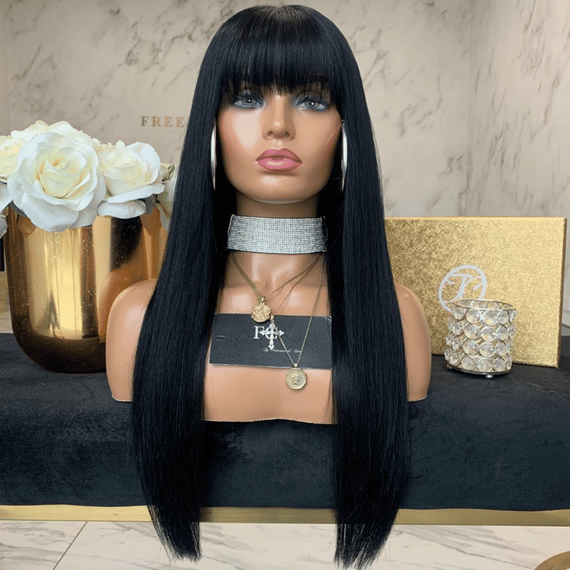 Natural Black Long Straight Synthetic Wig with Neat Bangs for Women