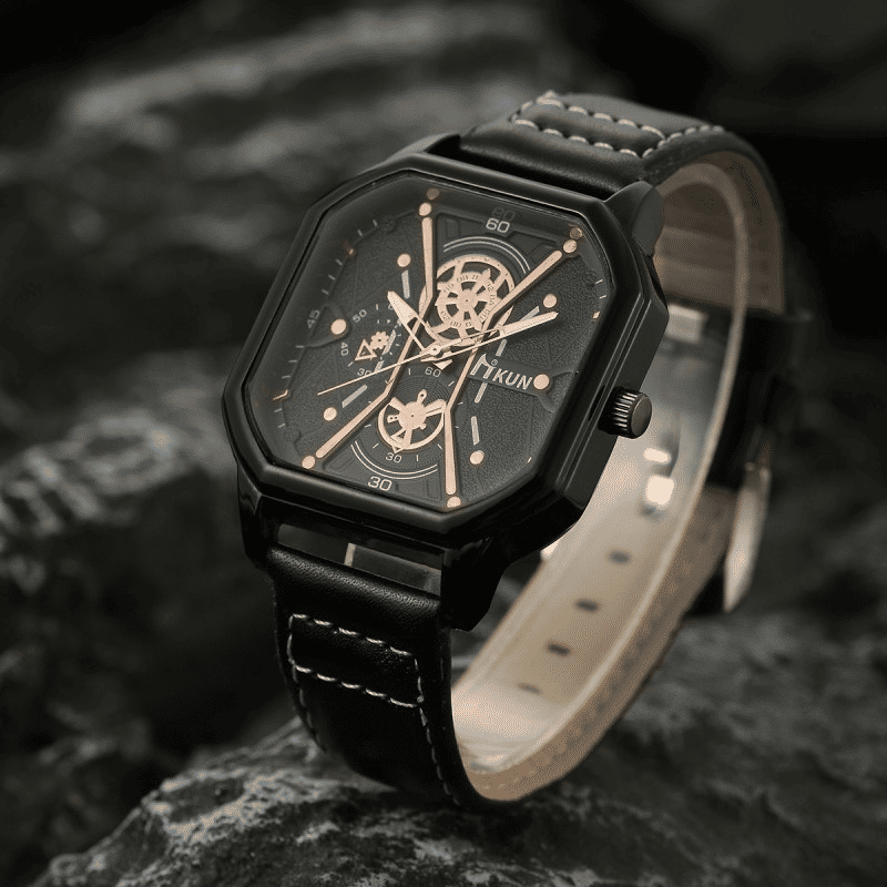 Men's 3-Piece Fashion Quartz Watch and Leather Bracelet Set