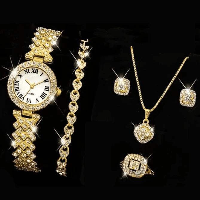 Women's Roman Diamond Inlaid Quartz Watch 5-Piece Set Metal Bracelet