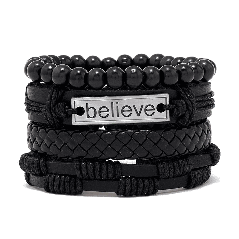 Men's 4-Piece Vintage Braided Leather Bracelet Set - Life Tree Rudder Charm Wood Beads