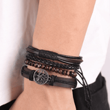 Men's 4-Piece Vintage Braided Leather Bracelet Set - Life Tree Rudder Charm Wood Beads