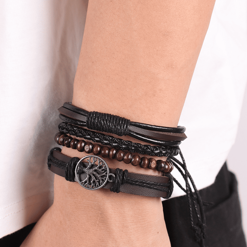 Men's 4-Piece Vintage Braided Leather Bracelet Set - Life Tree Rudder Charm Wood Beads