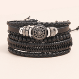 Men's 4-Piece Vintage Braided Leather Bracelet Set - Life Tree Rudder Charm Wood Beads