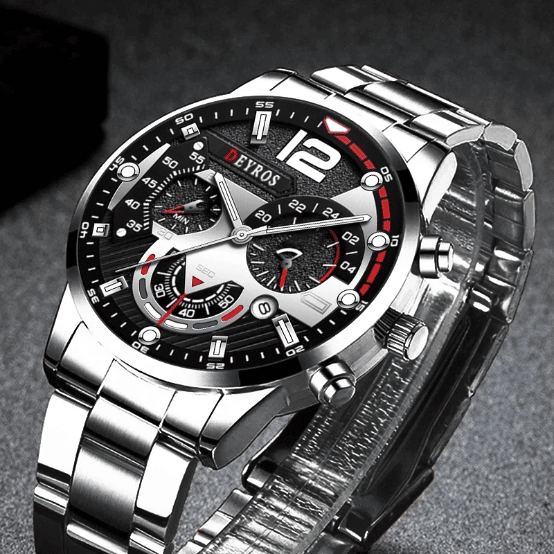 Luxury Men's Stainless Steel Quartz Watch with Luminous Calendar Display