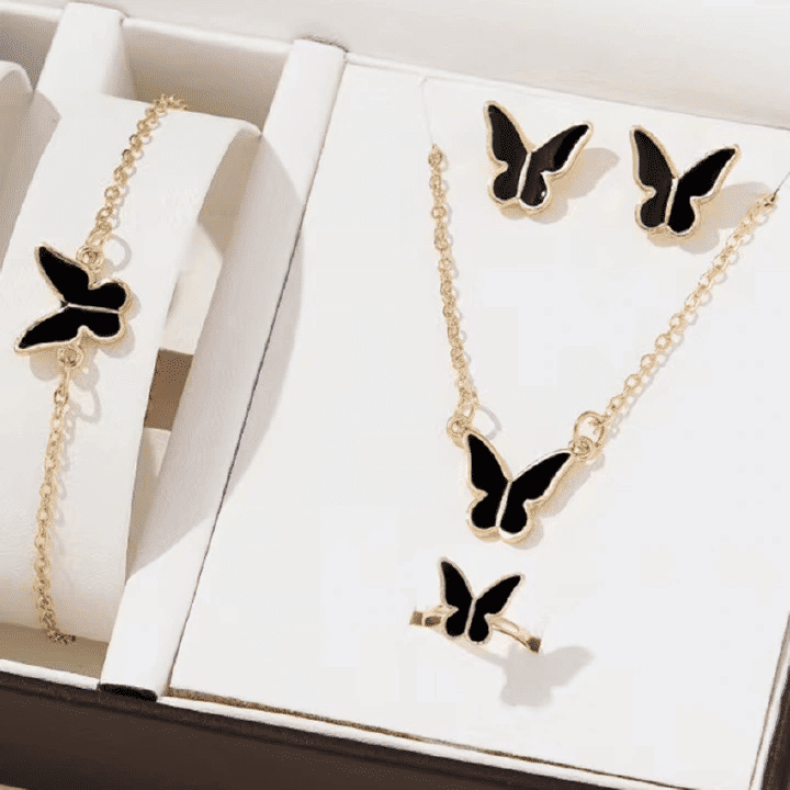 UPHUI 5-Piece Women's Butterfly Jewelry Set: Earrings, Necklace, Bracelet, Rings