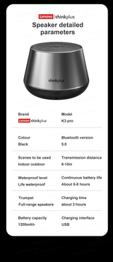 Lenovo Thinkplus K3 Pro Wireless Speaker: BT 5.0, HD Calls, Deep Bass, 1200mAh Battery Portable