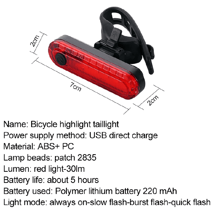 USB Rechargeable Bicycle Taillight Headlight Set High Brightness LED Waterproof Safety Warning Light Red
