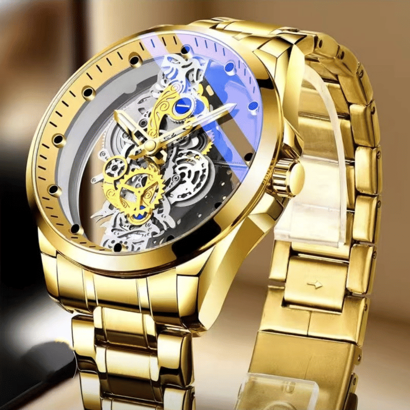 TIGERAO Luxury Mens Gold Hollow Transparent Quartz Sports Waterproof Watch