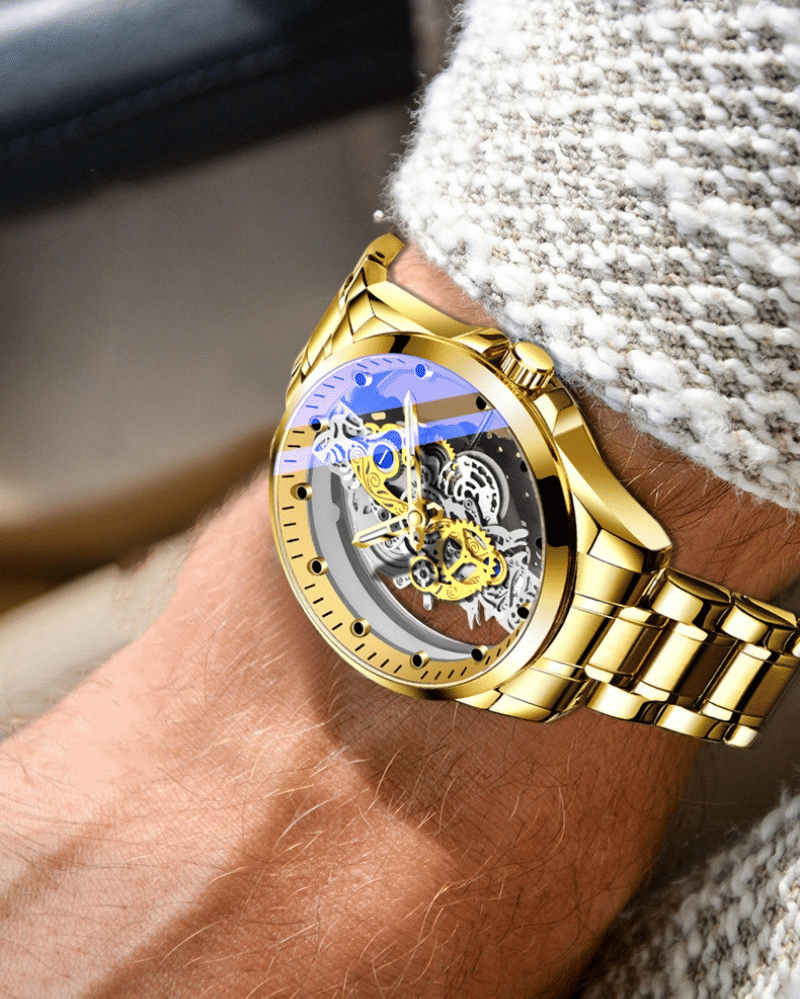 TIGERAO Luxury Mens Gold Hollow Transparent Quartz Sports Waterproof Watch