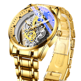 TIGERAO Luxury Mens Gold Hollow Transparent Quartz Sports Waterproof Watch