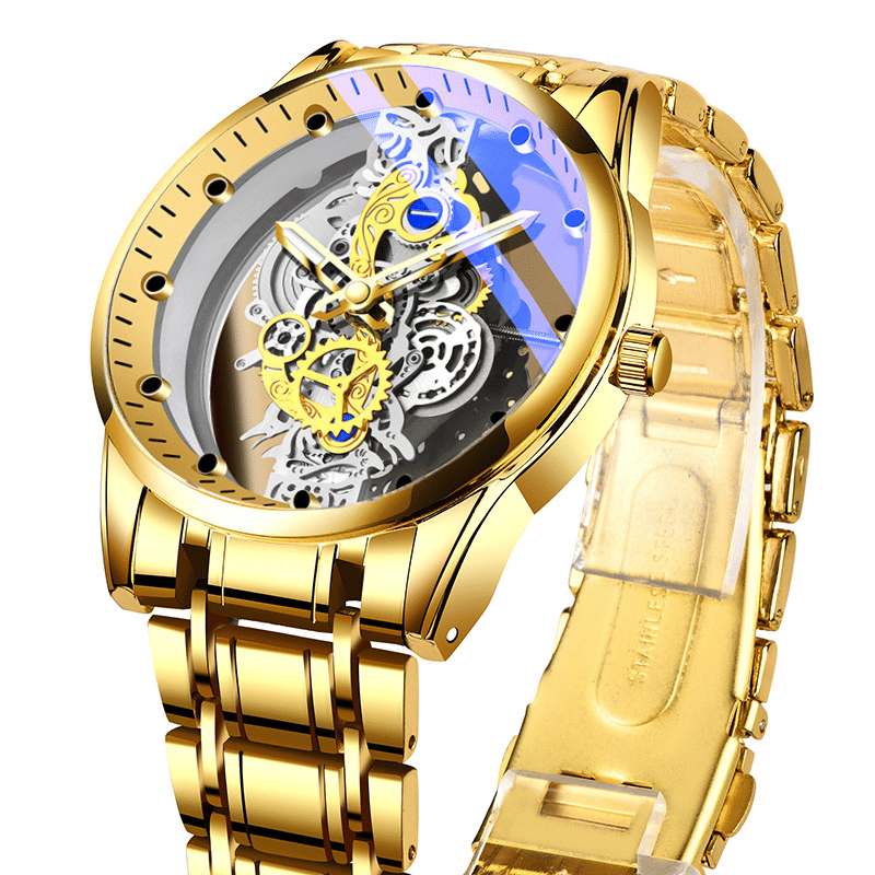 TIGERAO Luxury Mens Gold Hollow Transparent Quartz Sports Waterproof Watch