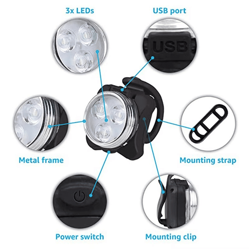 Super Bright USB Rechargeable Waterproof LED Bike Headlight and Taillight Set